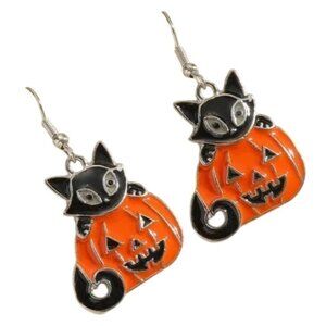 Halloween Black Cat & Pumpkin Enamel Dangle Earrings